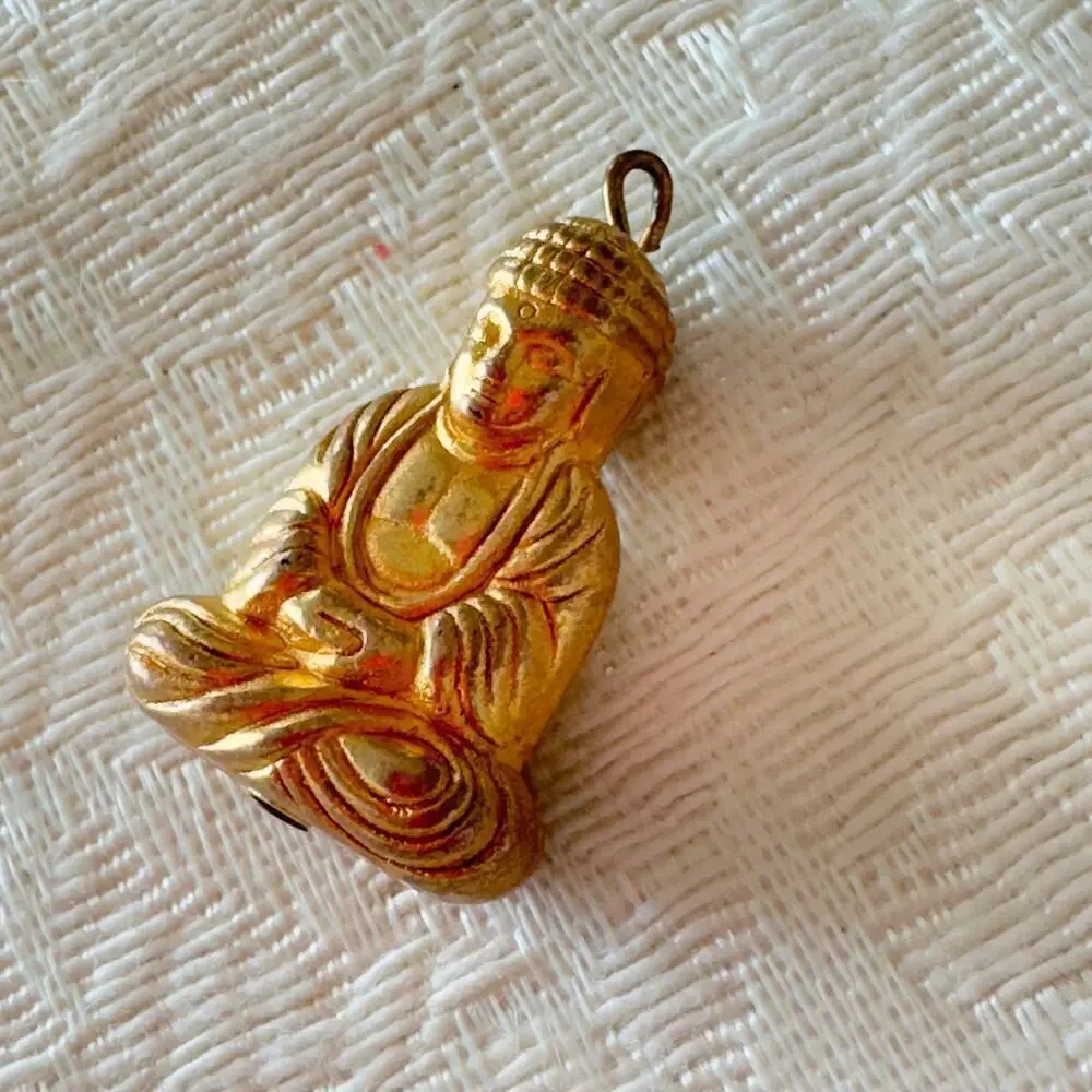 Vintage 1” Double Sided Seated Articulated Buddha Bead Pendant Gold Tone Set 2